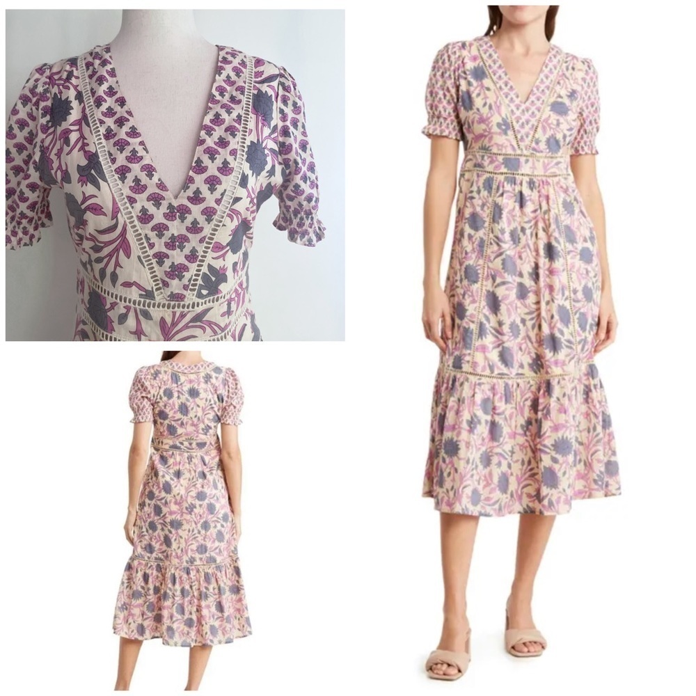 dRA Boho Floral Block Print Lattice Lace Ruffle Tiered Cotton Midi Dress XS​​​​